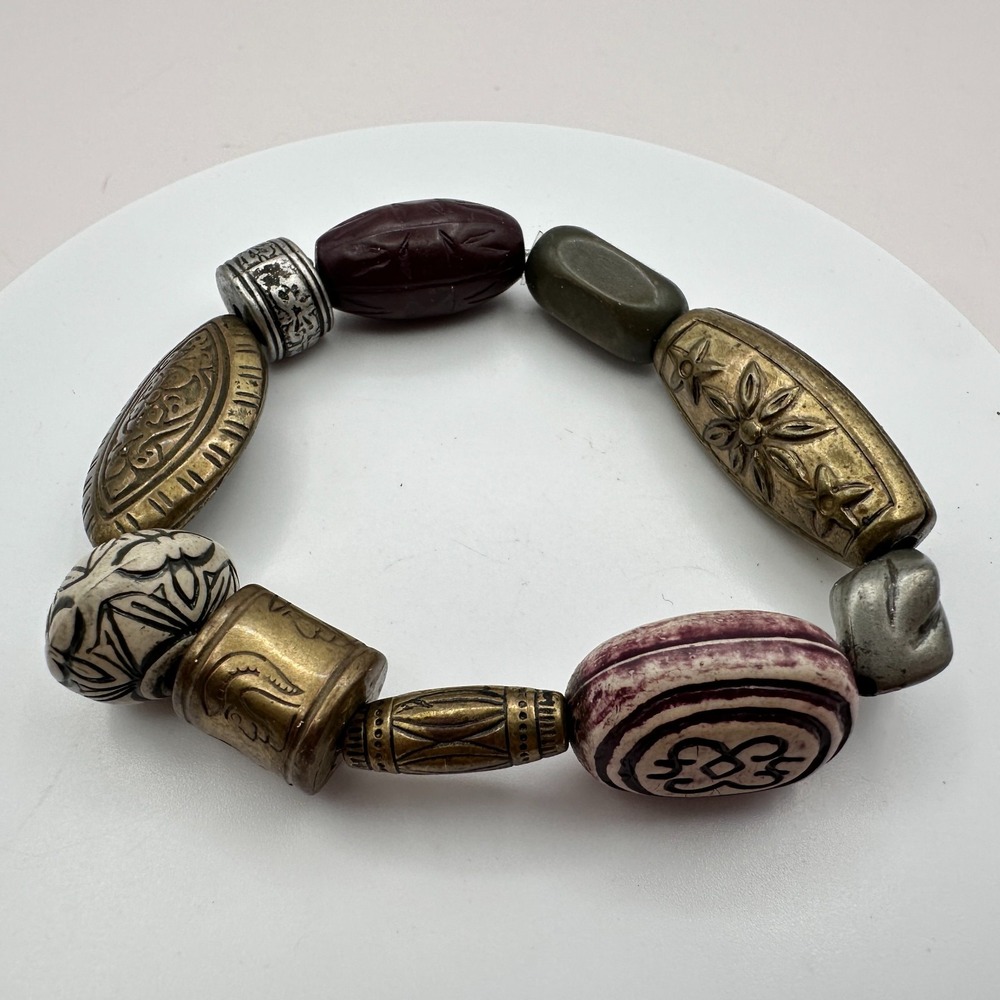 90s Vintage Brass Tone Beaded Boho Engraved Bracelet Women's Y2K Jewelry